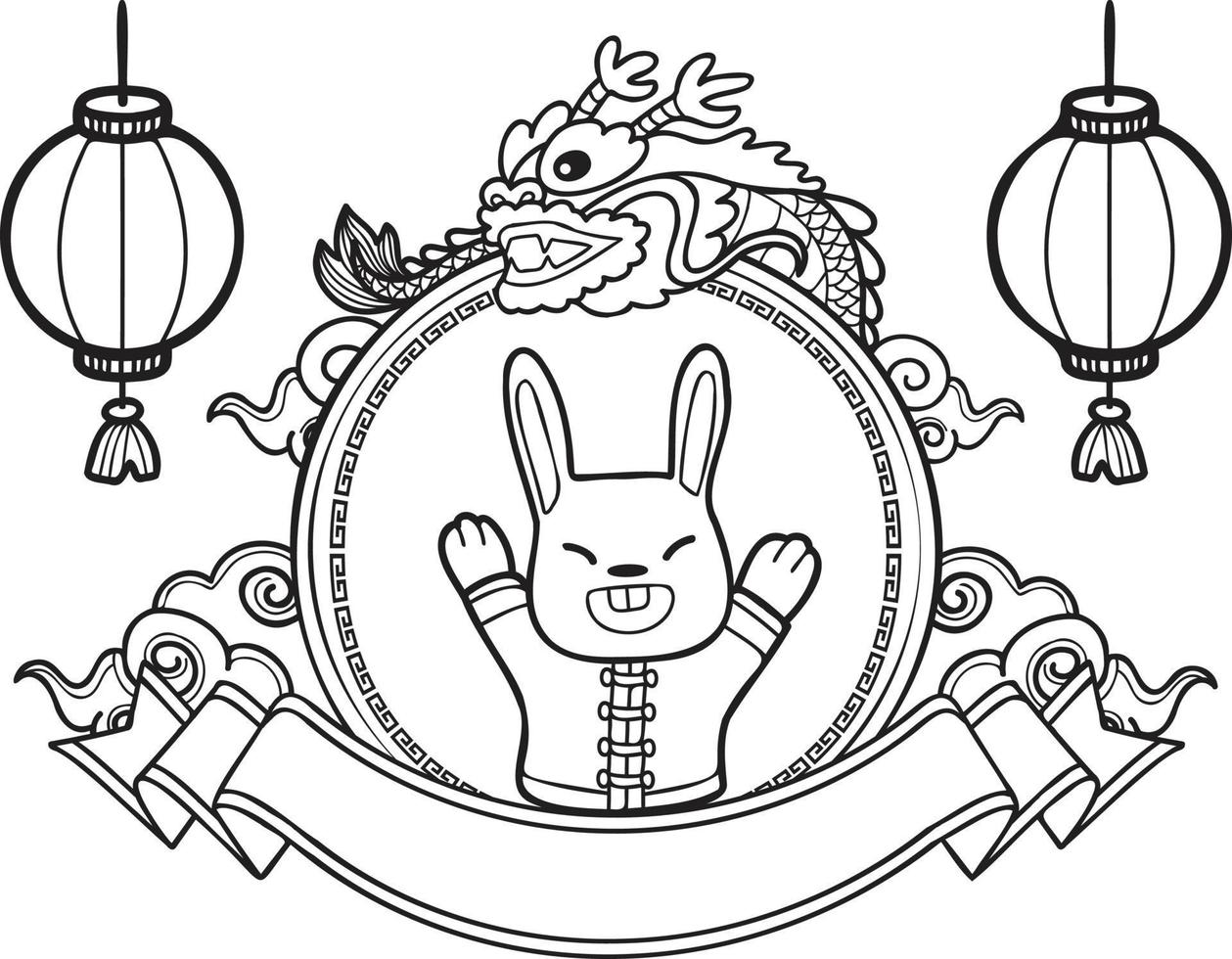 ano novo chinês desenhado à mão com ilustração de coelho vetor