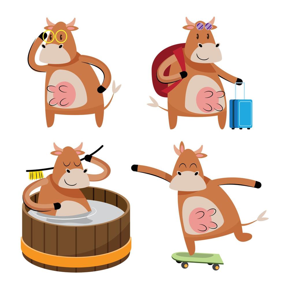 conjunto de ilustração vetorial de personagem de desenho animado de vaca marrom vetor