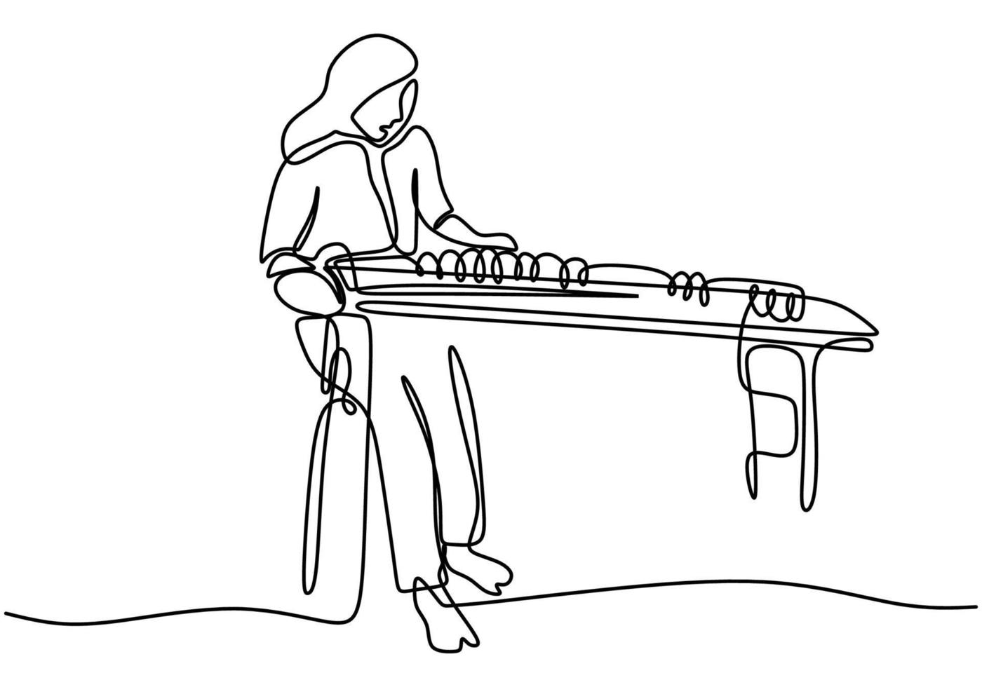 desenho de linha contínua de uma bela garota coreana com cabelo comprido sentada e tocando o instrumento musical tradicional do gayageum vetor