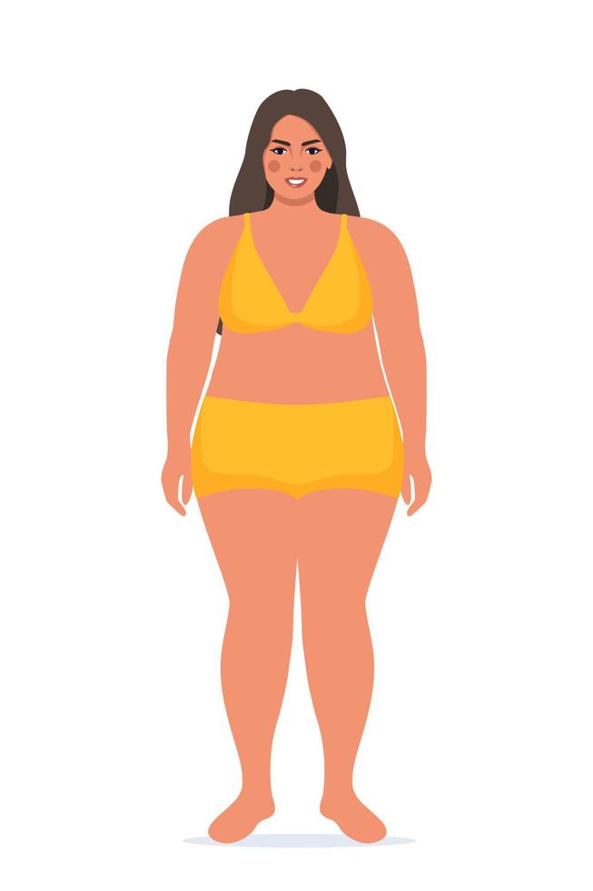 mulher positiva de corpo em cueca. personagem feminina plus size. garota atraente, curvilínea e acima do peso. obesidade de tamanho grande, senhora muito grande em belas roupas da moda. ilustração vetorial. vetor