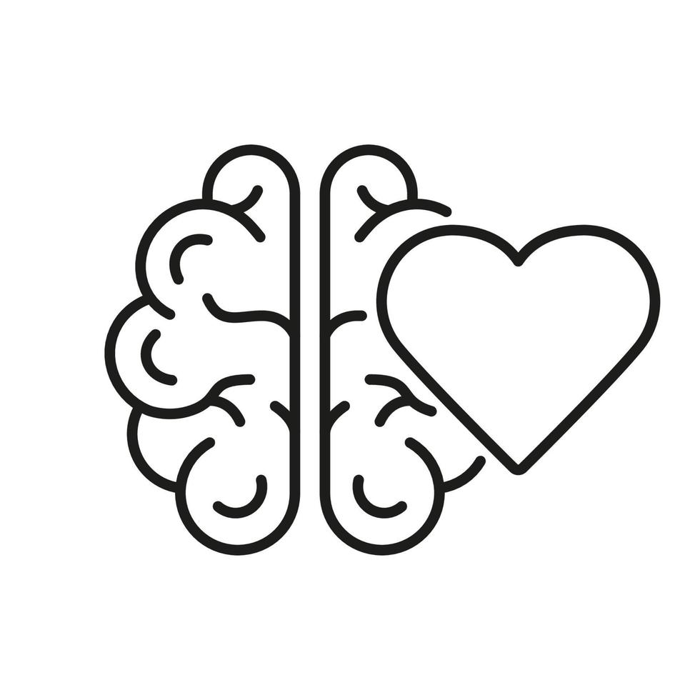 cérebro humano e ícone da linha do coração. pictograma linear de saúde emocional mental. equilíbrio racional saudável entre o amor do coração e o ícone do contorno do cérebro. curso editável. ilustração vetorial isolada. vetor