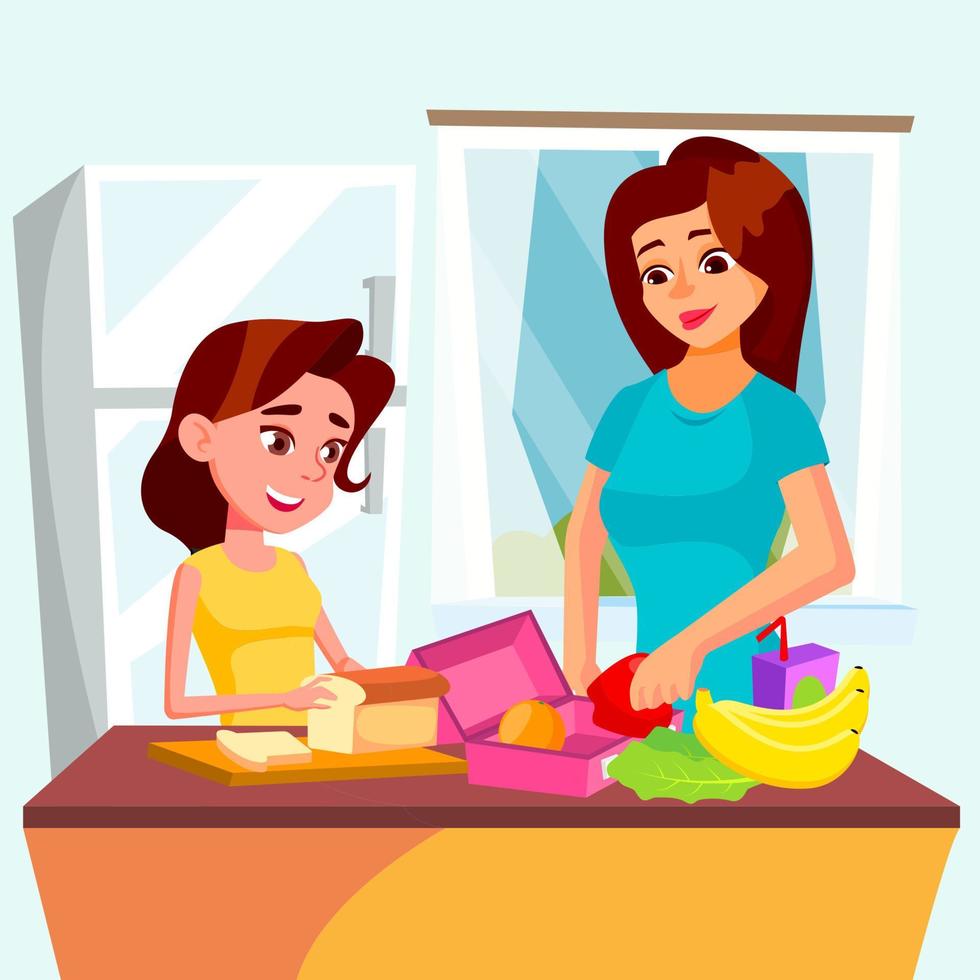 filha ajuda a mãe a cozinhar juntos no vetor da cozinha. ilustração isolada