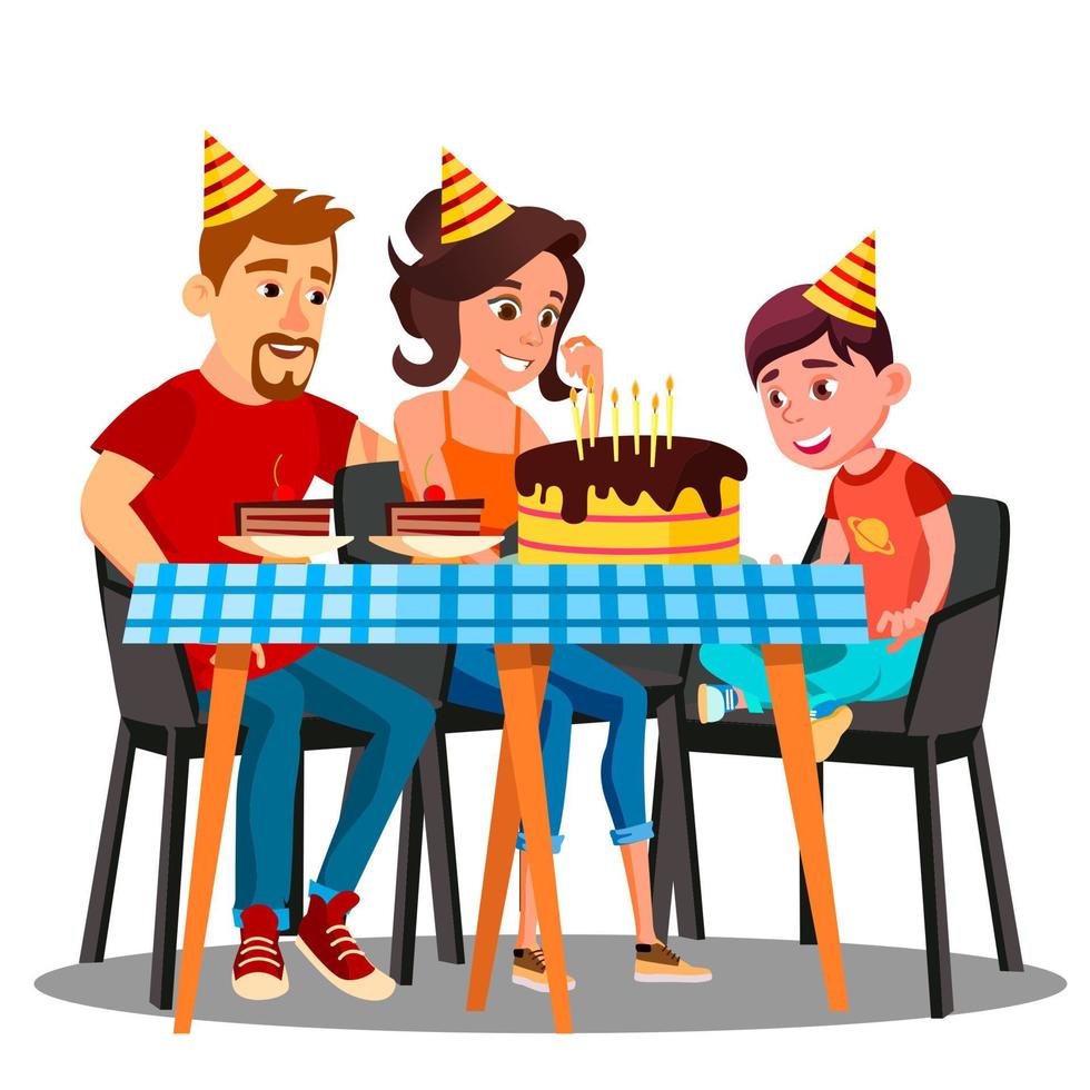 aniversário da criança, família sentada à mesa da festa com um vetor de bolo. ilustração isolada