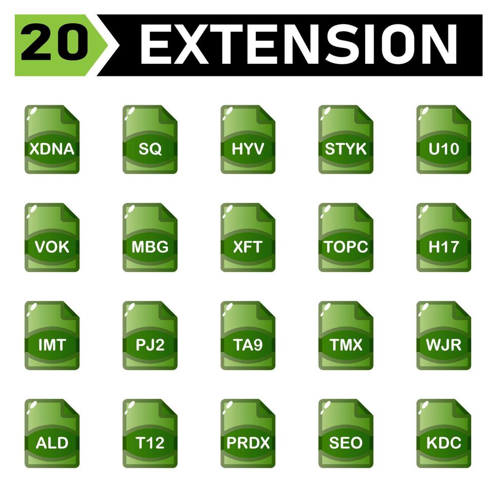 ícone de extensão de arquivo inclui xdna, sq, hyv, styk, u10, vok, mbg, xft, topc, h17, imt, pj2,ta9, tmx, wjr, ald, t12, prdx, seo, kdc, vetor
