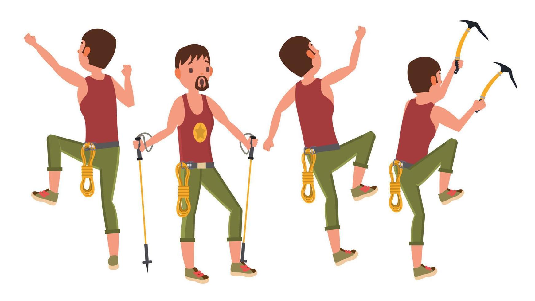 vetor de homem alpinista. esporte de boulder. diferentes posições. caminhadas turísticas, descansando. passatempo extremo. ilustração plana dos desenhos animados