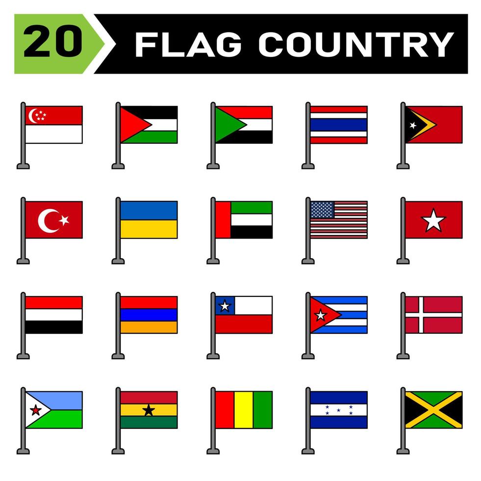 conjunto de ícones do país de bandeira inclui país, bandeira, símbolo, nacional, viagem, ilustração, nação, ícone, vetor, brasão de armas, conjunto, sinal, continente, internacional, todos, singapura, palestina, sudão, tailândia, timor vetor