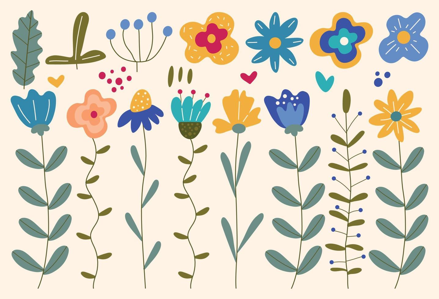 conjunto de elementos florais com flores, galhos, corações. adequado para dia dos namorados, casamento, impressão. ilustração vetorial em um fundo claro. vetor