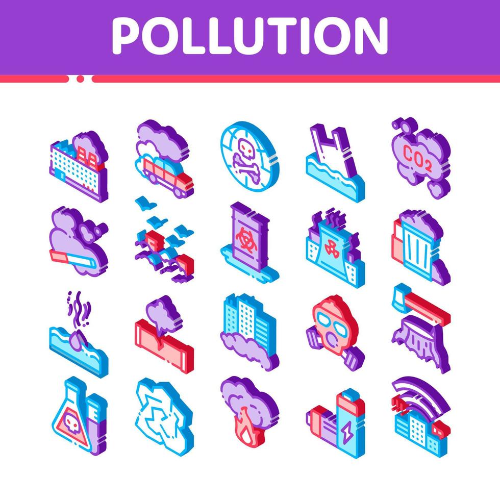 poluição do conjunto de ícones isométricos vetoriais da natureza vetor