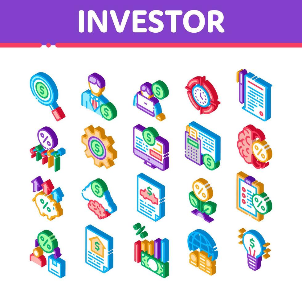 vetor de conjunto de ícones isométricos financeiros do investidor