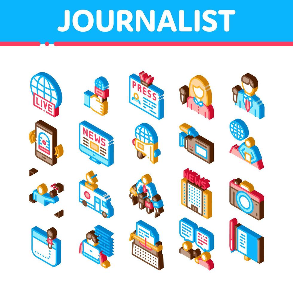 vetor de conjunto de ícones isométricos de jornalista repórter