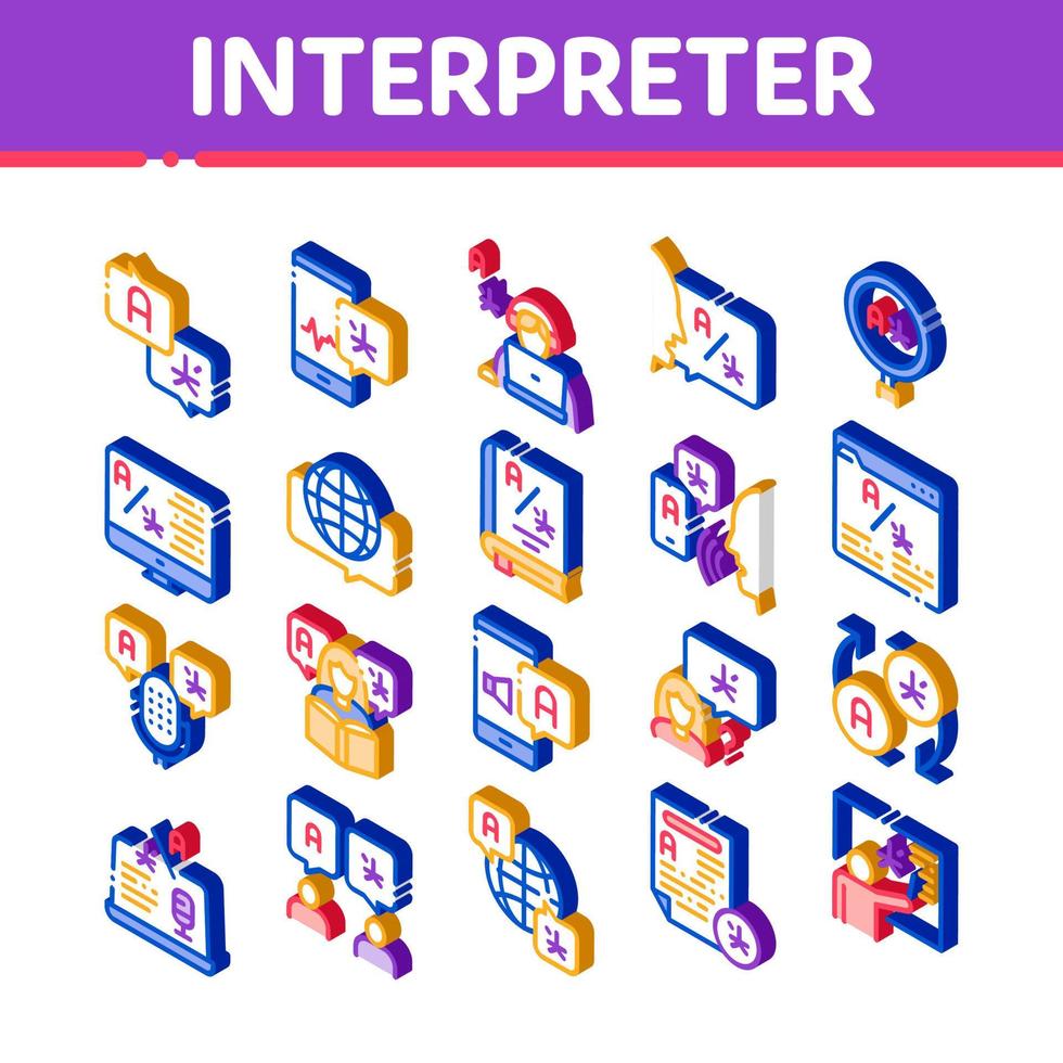 vetor de conjunto de ícones isométricos de tradutor de intérprete