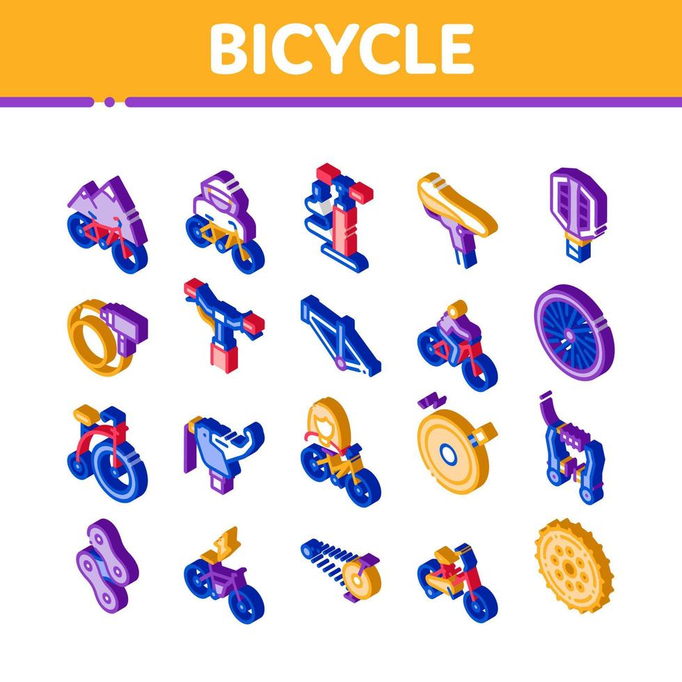 conjunto de ícones isométricos de detalhes de bicicleta de bicicleta vetor