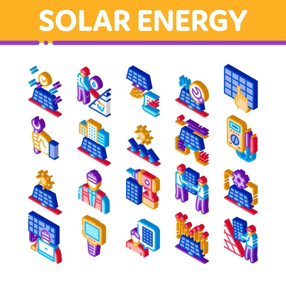 vetor de conjunto de ícones isométricos de técnicos de energia solar