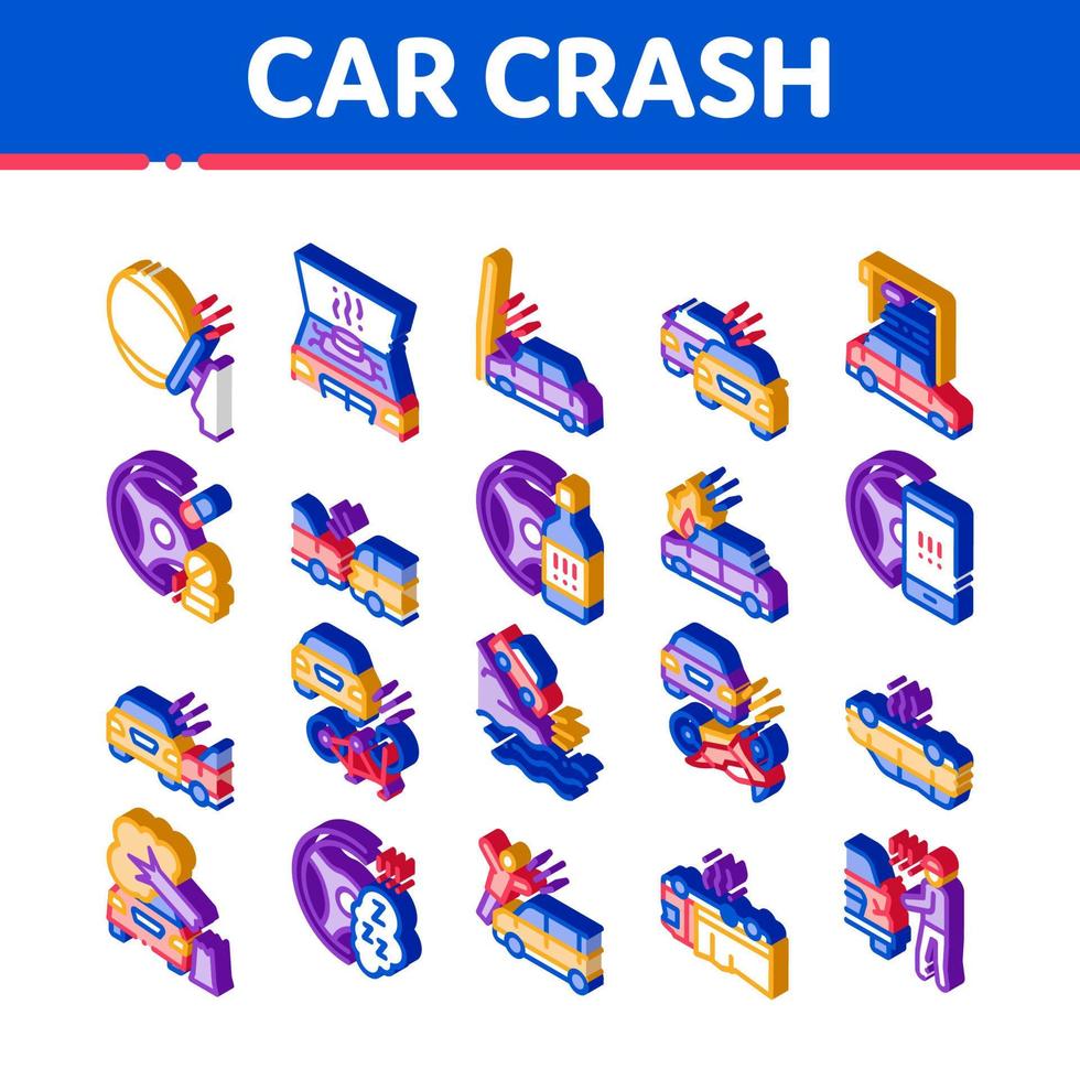 vetor de conjunto de ícones isométricos de acidente de acidente de carro