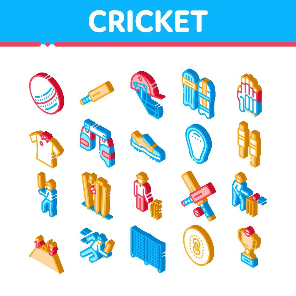 vetor de conjunto de ícones de elementos isométricos de jogo de críquete
