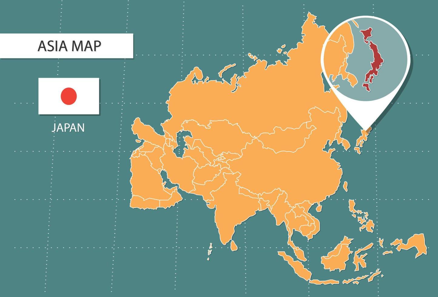 mapa do japão na versão de zoom da ásia, ícones mostrando a localização do japão e bandeiras. vetor