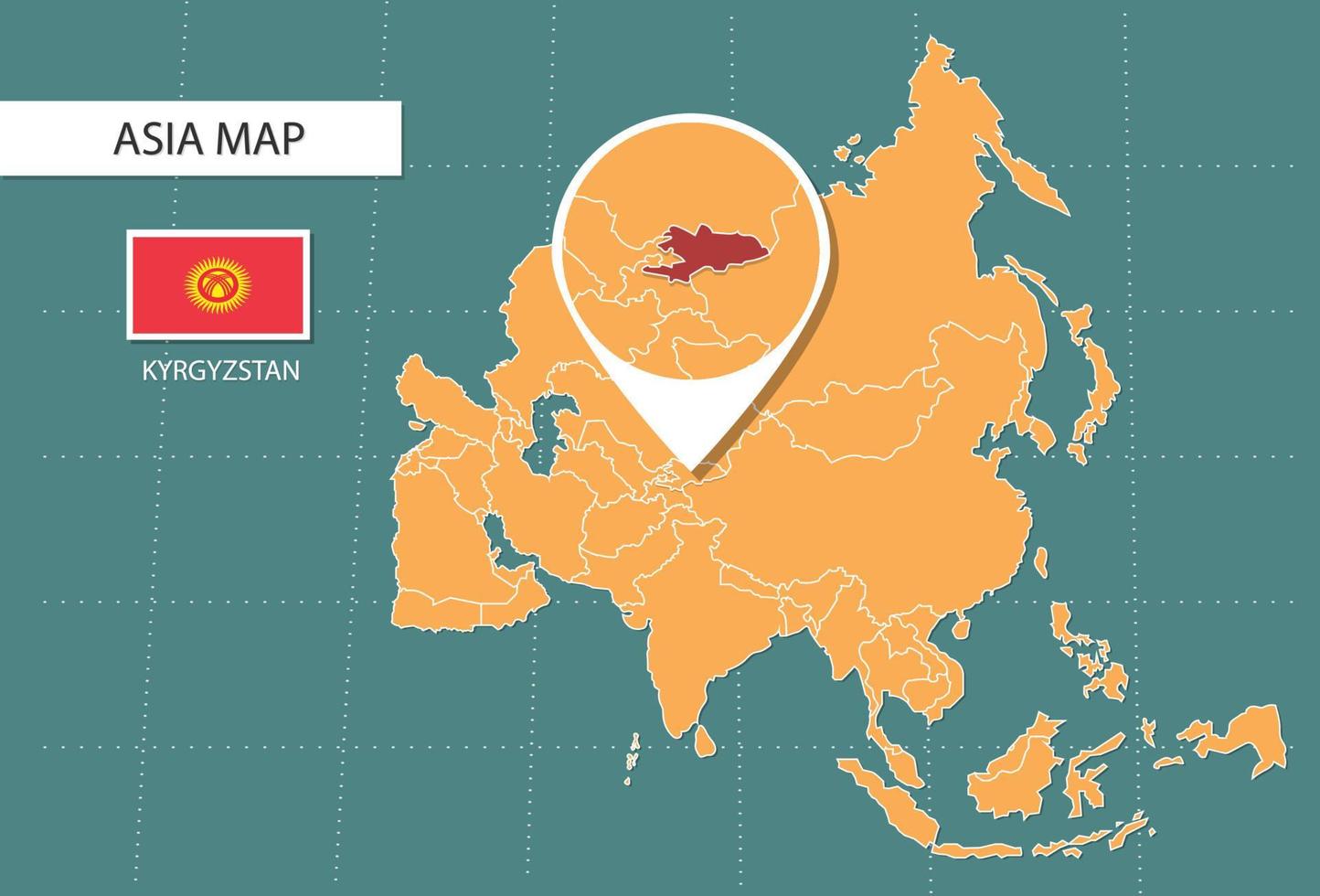 Mapa do Quirguistão na versão de zoom da Ásia, ícones mostrando a localização do Quirguistão e bandeiras. vetor