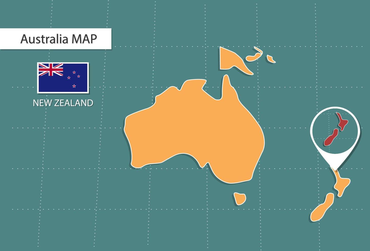 mapa da nova zelândia na versão zoom da austrália, ícones mostrando a localização e as bandeiras da nova zelândia. vetor