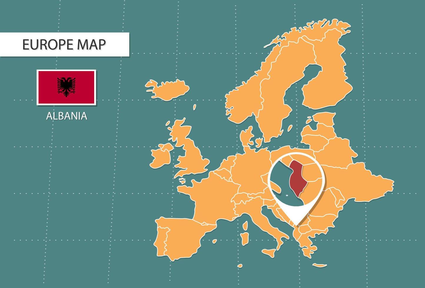 mapa da albânia na versão de zoom da europa, ícones mostrando a localização da albânia e bandeiras. vetor