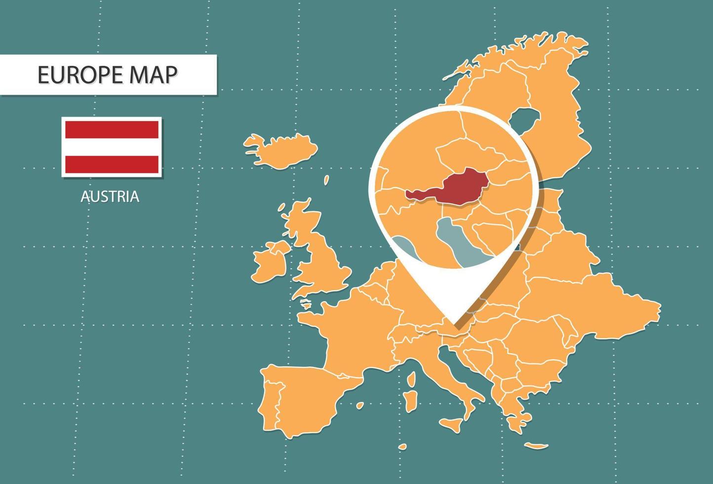 Mapa da Áustria na versão de zoom da Europa, ícones mostrando a localização da Áustria e bandeiras. vetor