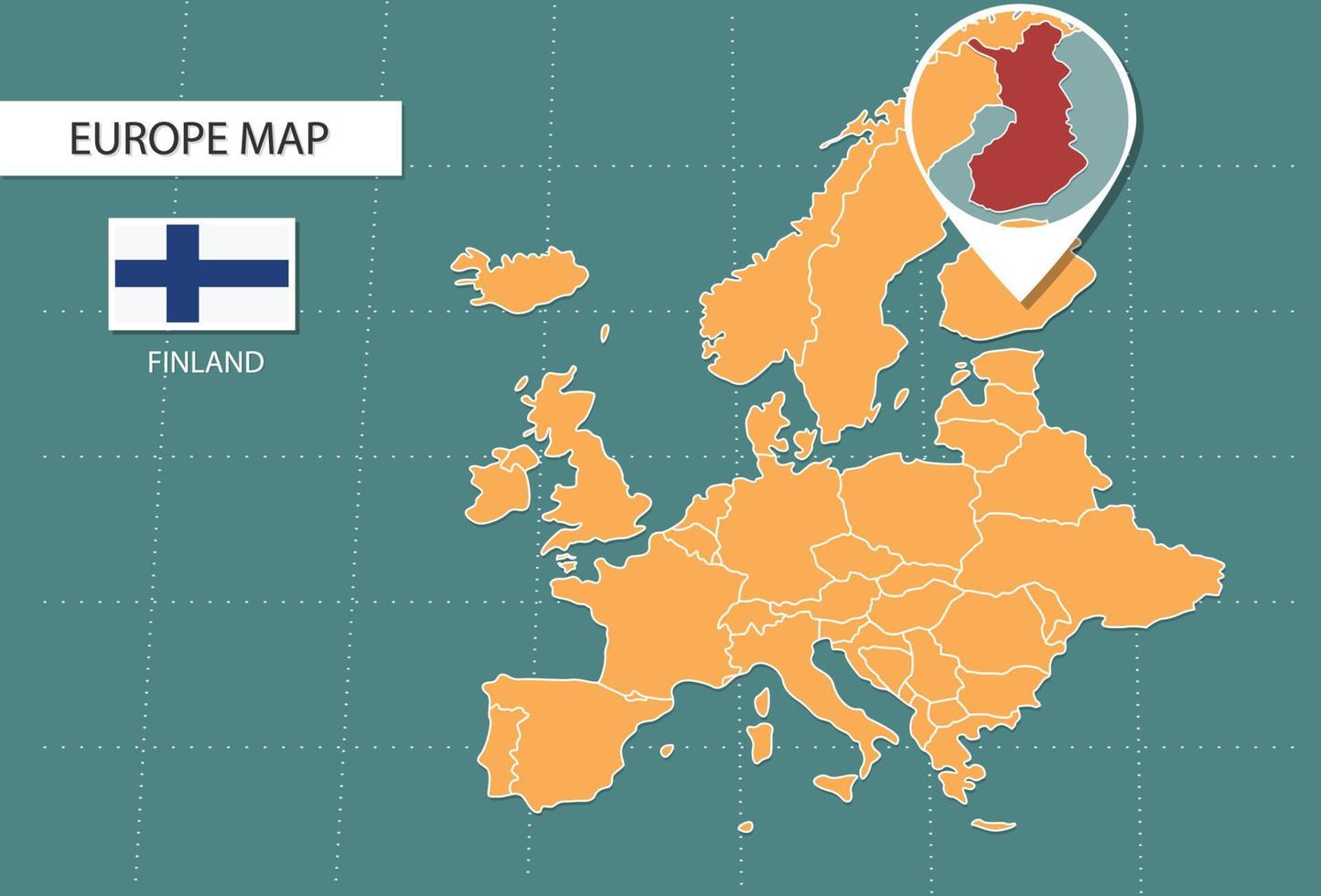 Mapa da Finlândia na versão de zoom da Europa, ícones mostrando a localização da Finlândia e bandeiras. vetor