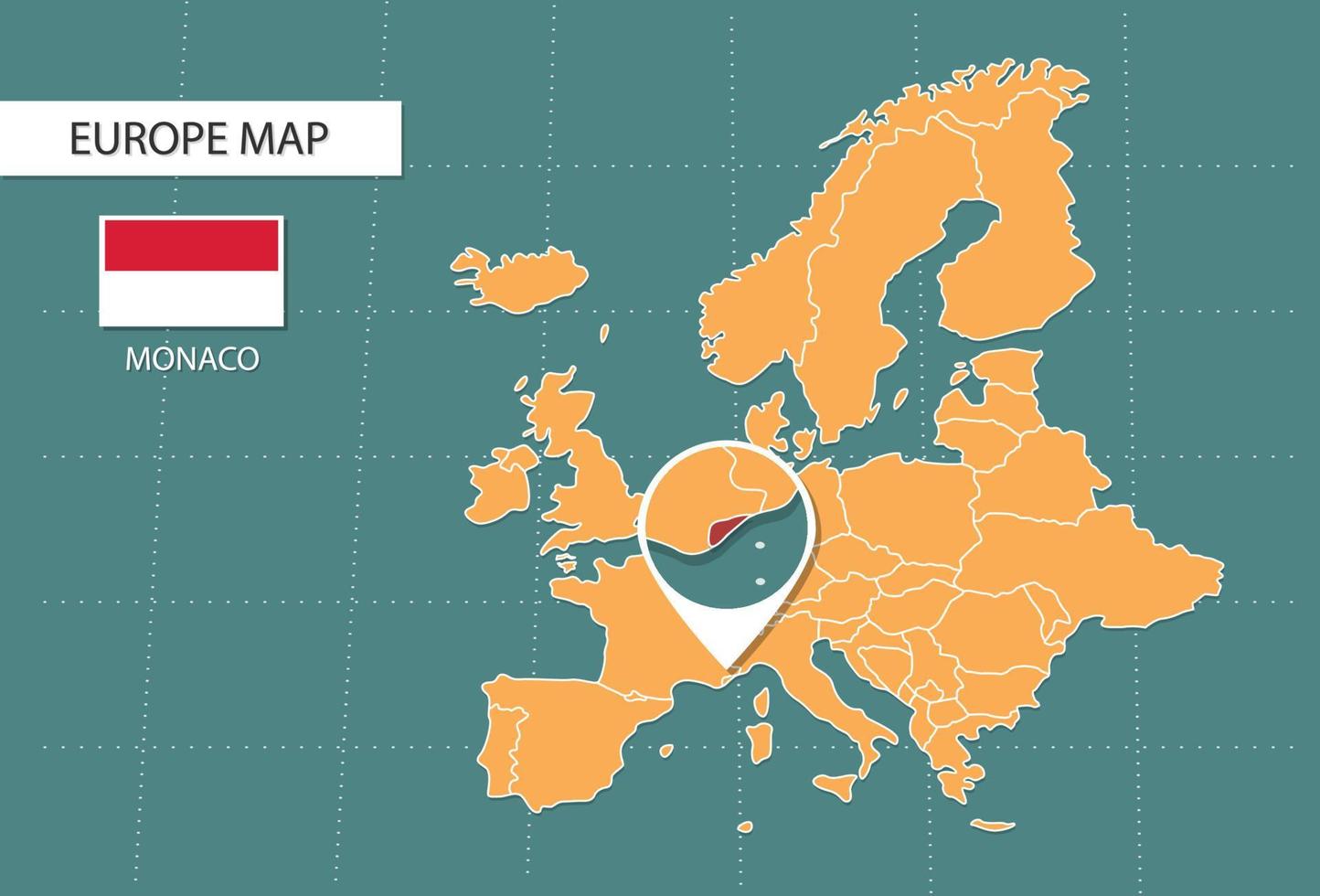 mapa de mônaco na versão de zoom da europa, ícones mostrando bandeiras e localização de mônaco. vetor