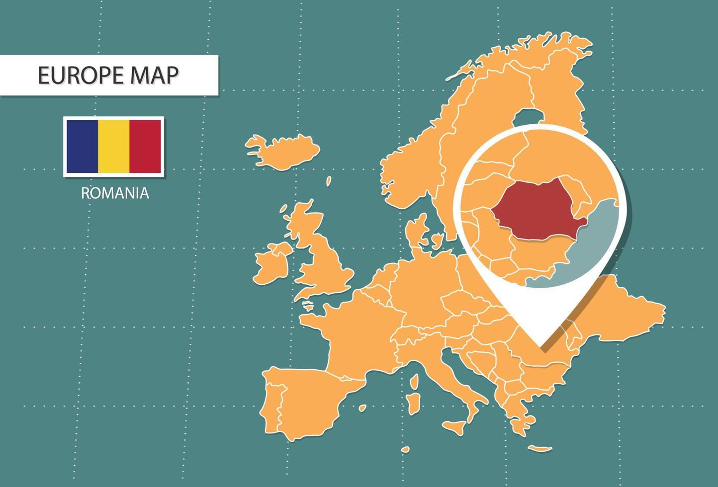 mapa da romênia na versão de zoom da europa, ícones mostrando a localização da romênia e bandeiras. vetor
