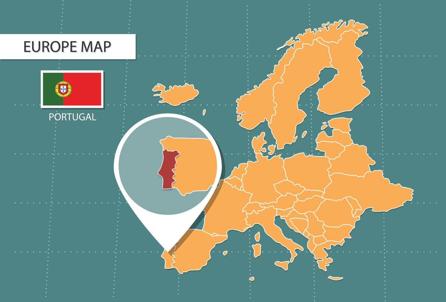 mapa de portugal na versão de zoom da europa, ícones mostrando a localização de portugal e bandeiras. vetor