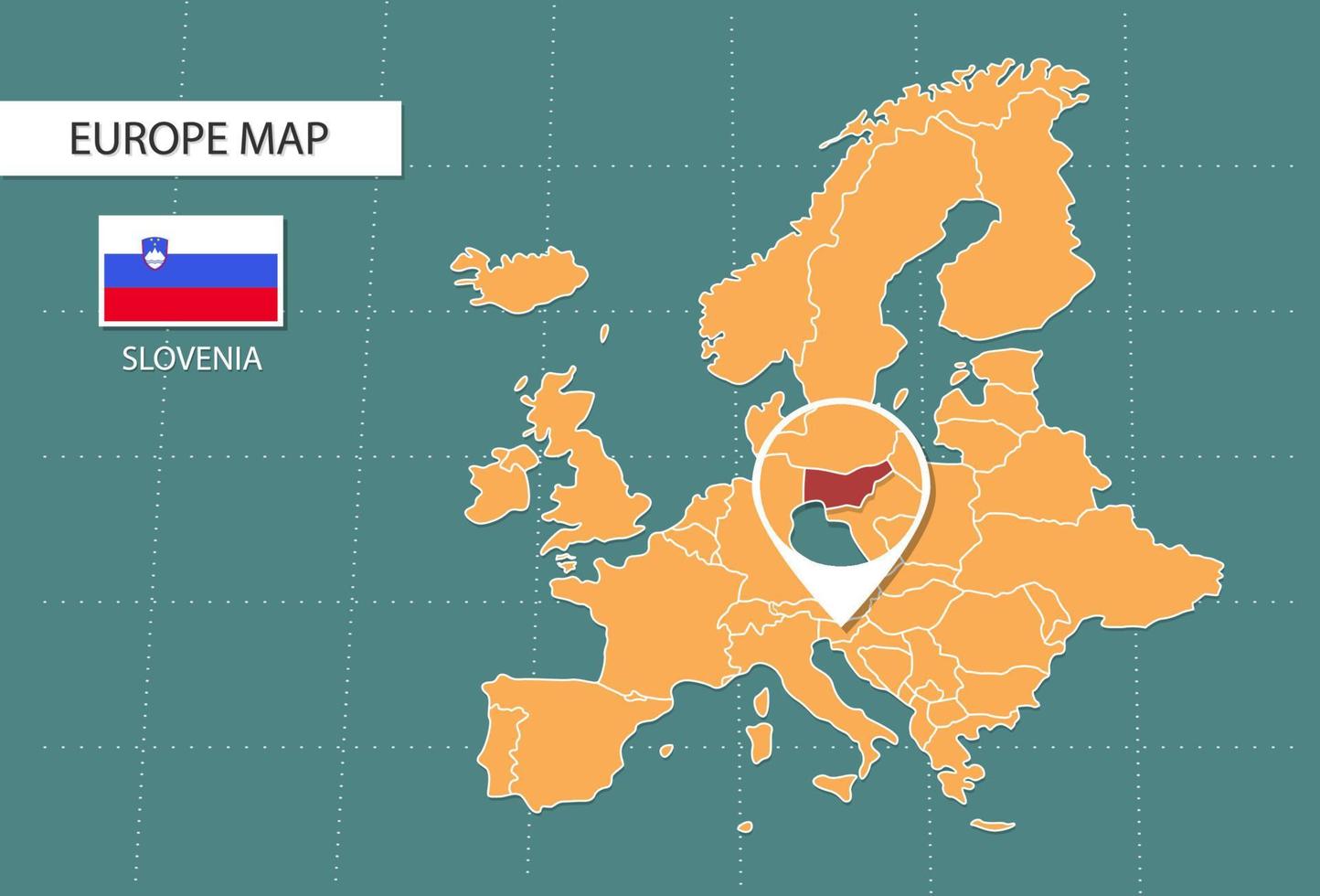 mapa da eslovênia na versão de zoom da europa, ícones mostrando a localização da eslovênia e bandeiras. vetor