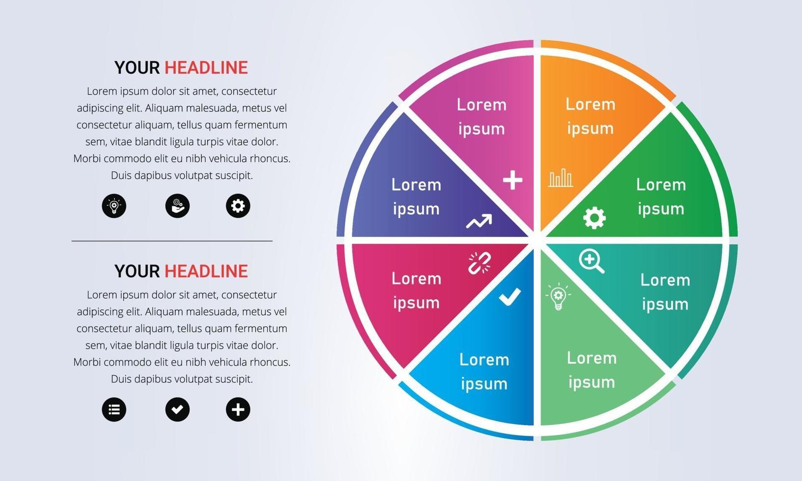 Infográfico de círculo colorido de 8 passos com cores gradientes vetor