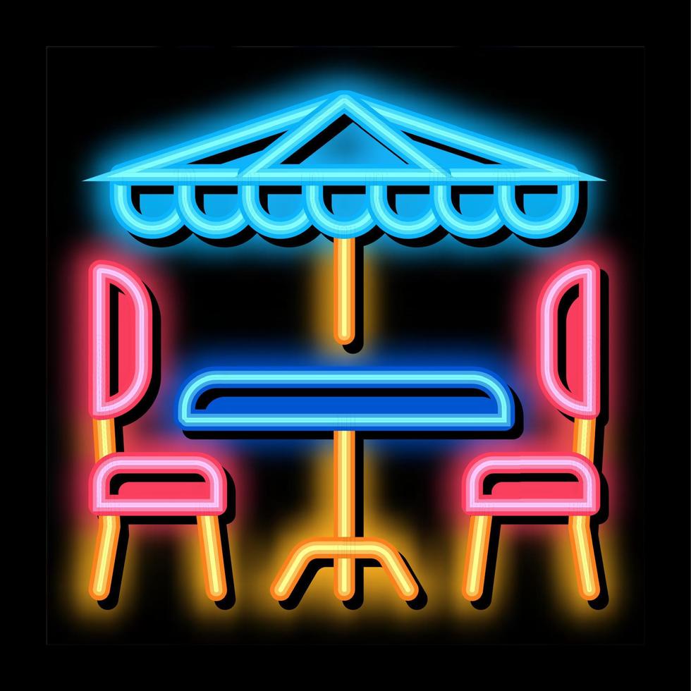 cadeiras de mesa de café e ilustração de ícone de brilho neon de guarda-chuva vetor