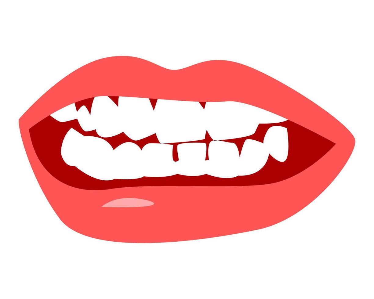 dentes e lábios vermelhos de uma garota. isolado no fundo branco. boca feminina. para impressão, adesivo. ilustração vetorial. vetor