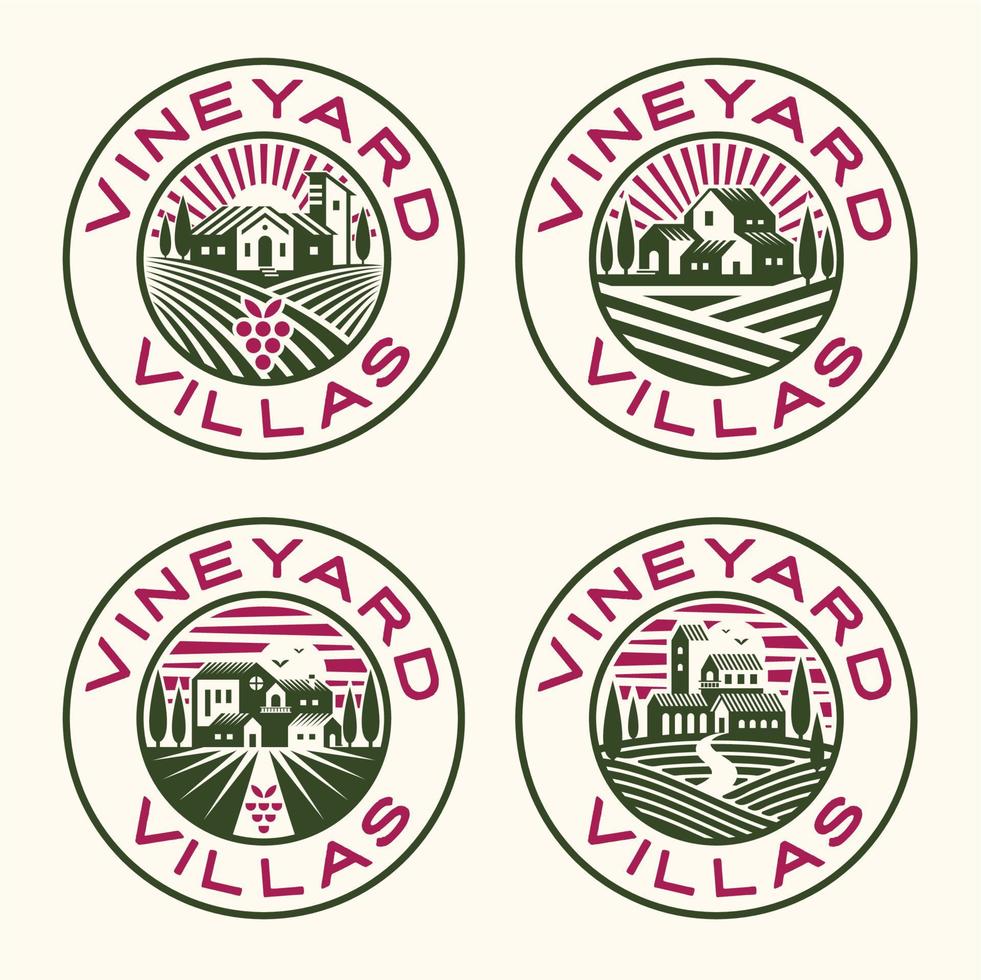 paisagem de vinhedo com emblema de logotipo de casas. campos de uvas de fazenda com ilustrações vetoriais de casas vetor