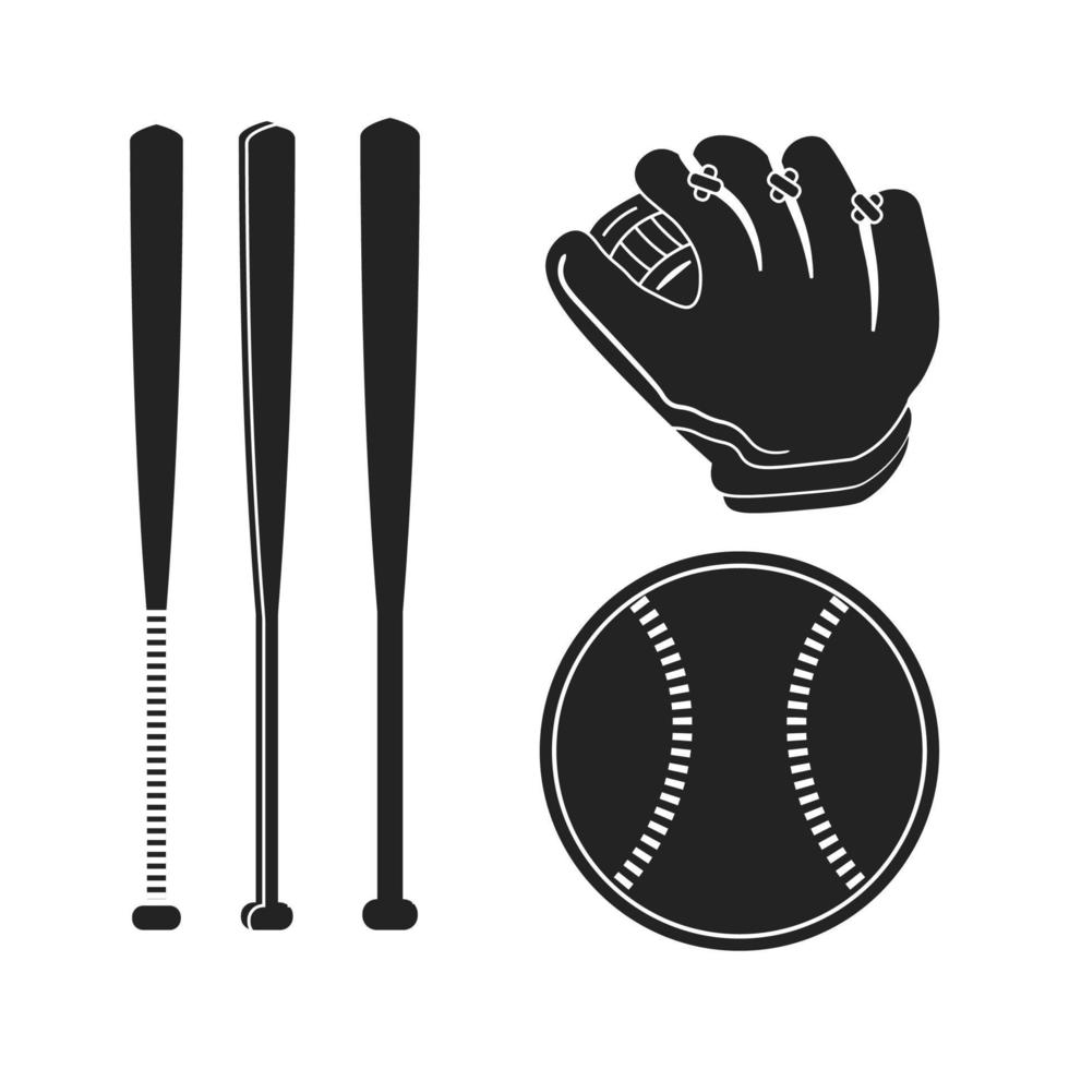 conjunto de vetor de ilustração de silhueta de equipamento de beisebol