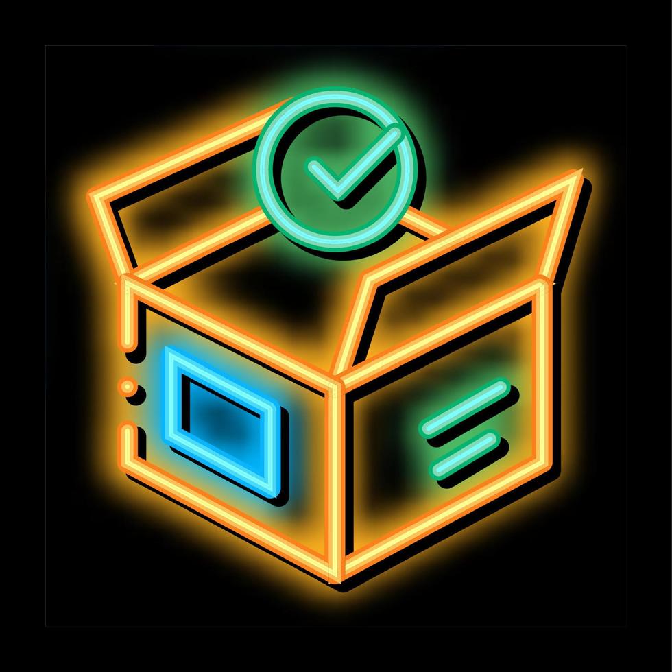 caixa de papelão aberta elemento aprovado ilustração do ícone de brilho neon vetor