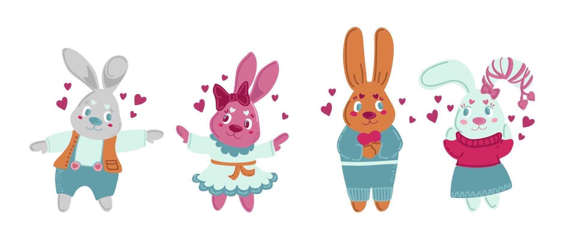 cartão de dia dos namorados com coelho kawaii. coleção de vetores de desenhos animados de coelho. personagem de vida selvagem animal. pequeno coelho adorável detém coração de amor. ilustração do dia dos namorados.