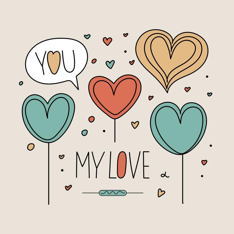 mão desenhada cartão de dia dos namorados amor corações romance doodle desenhos ilustração de fundo dos namorados vetor