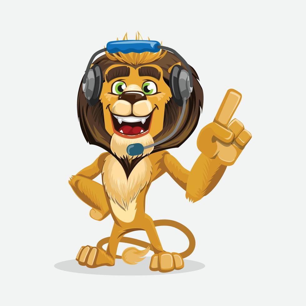 personagem engraçado leão com fones de ouvido. ilustração em vetor de um personagem animal de desenho animado.