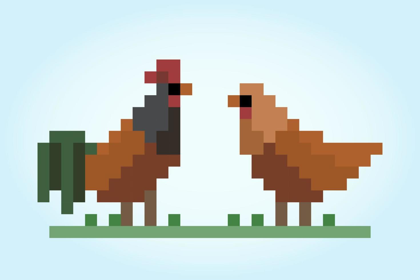 Galo e galinha de pixel de 8 bits. animal para ativos de jogo e padrões de ponto cruz em ilustrações vetoriais. vetor