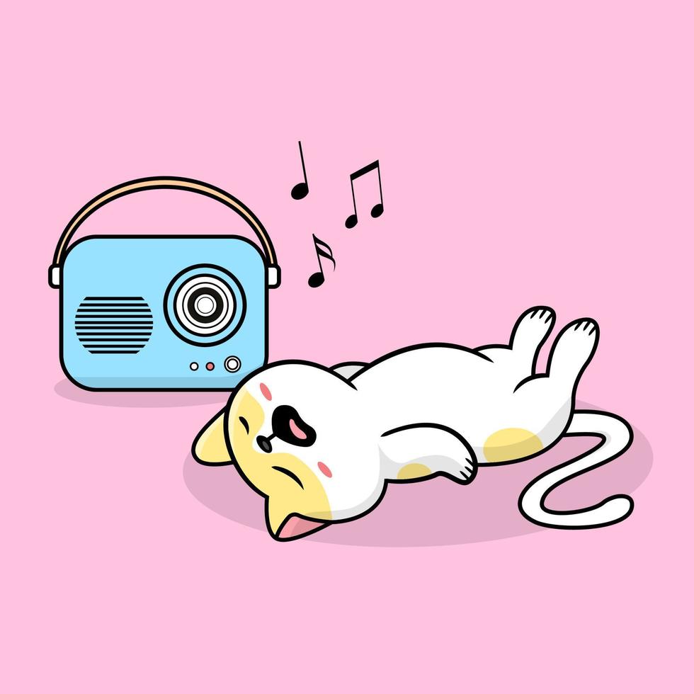 gato bonito relaxante ouvindo rádio vetor