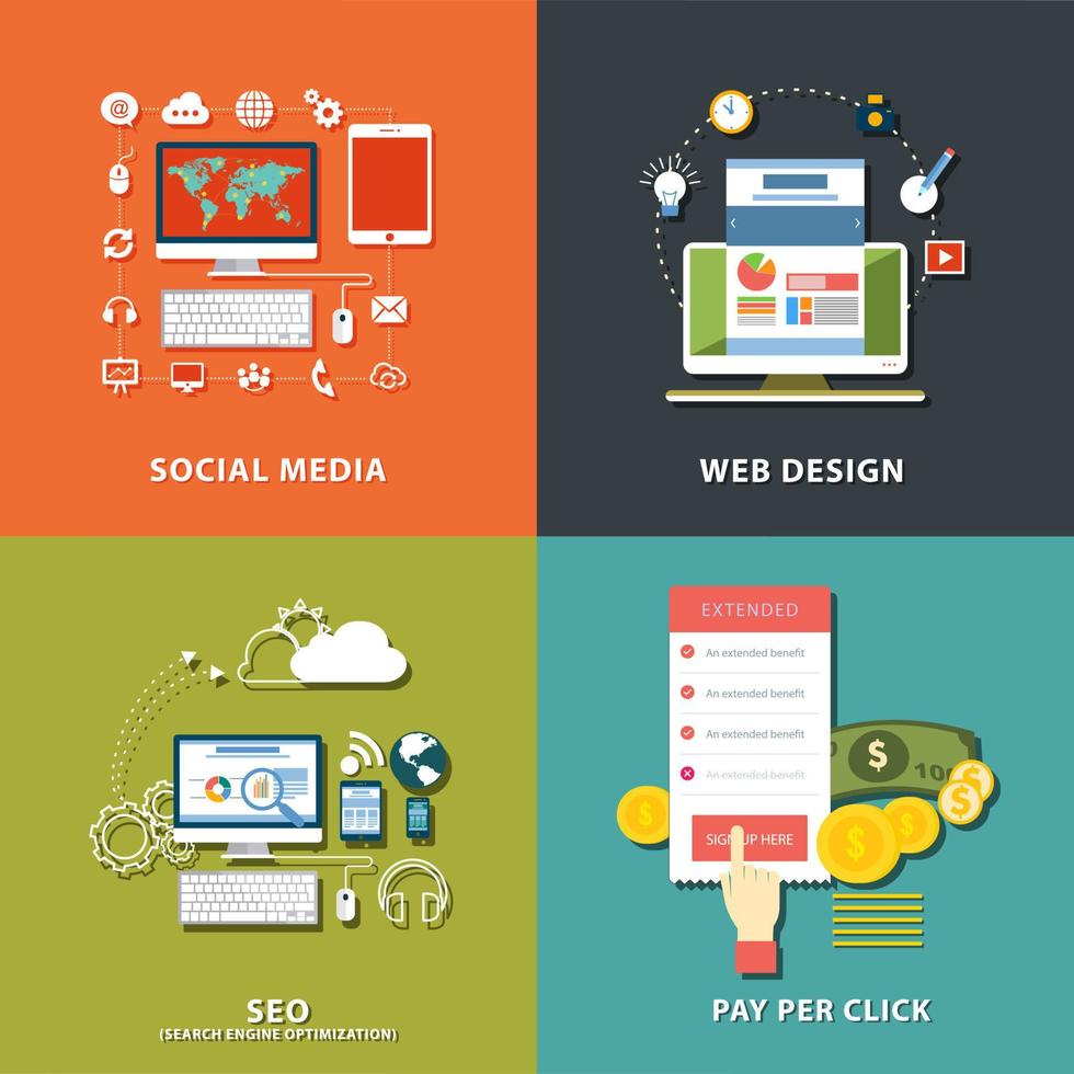 conjunto de design plano para negócios de marketing digital conceito on-line para banners da web, materiais impressos e mídias sociais. vetor