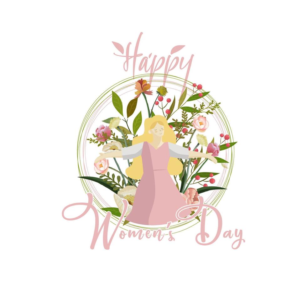 feliz dia das mulheres. a felicidade das mulheres com um lindo floral atrás dela. ilustração vetorial vetor