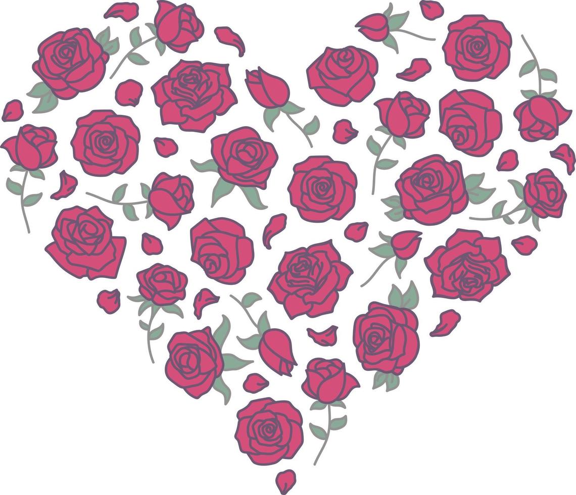 contorno preenchido do padrão de rosas vermelhas em forma de coração vetor