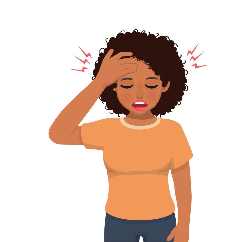 jovem africana com dor de cabeça com a mão apertando a cabeça por causa do estresse, enxaqueca e preocupações ou problemas de ansiedade vetor
