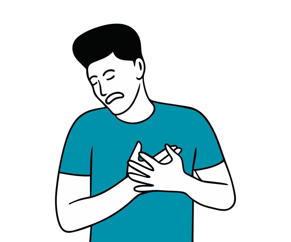 homem segurando seu peito por causa da ilustração desenhada à mão com o coração partido vetor