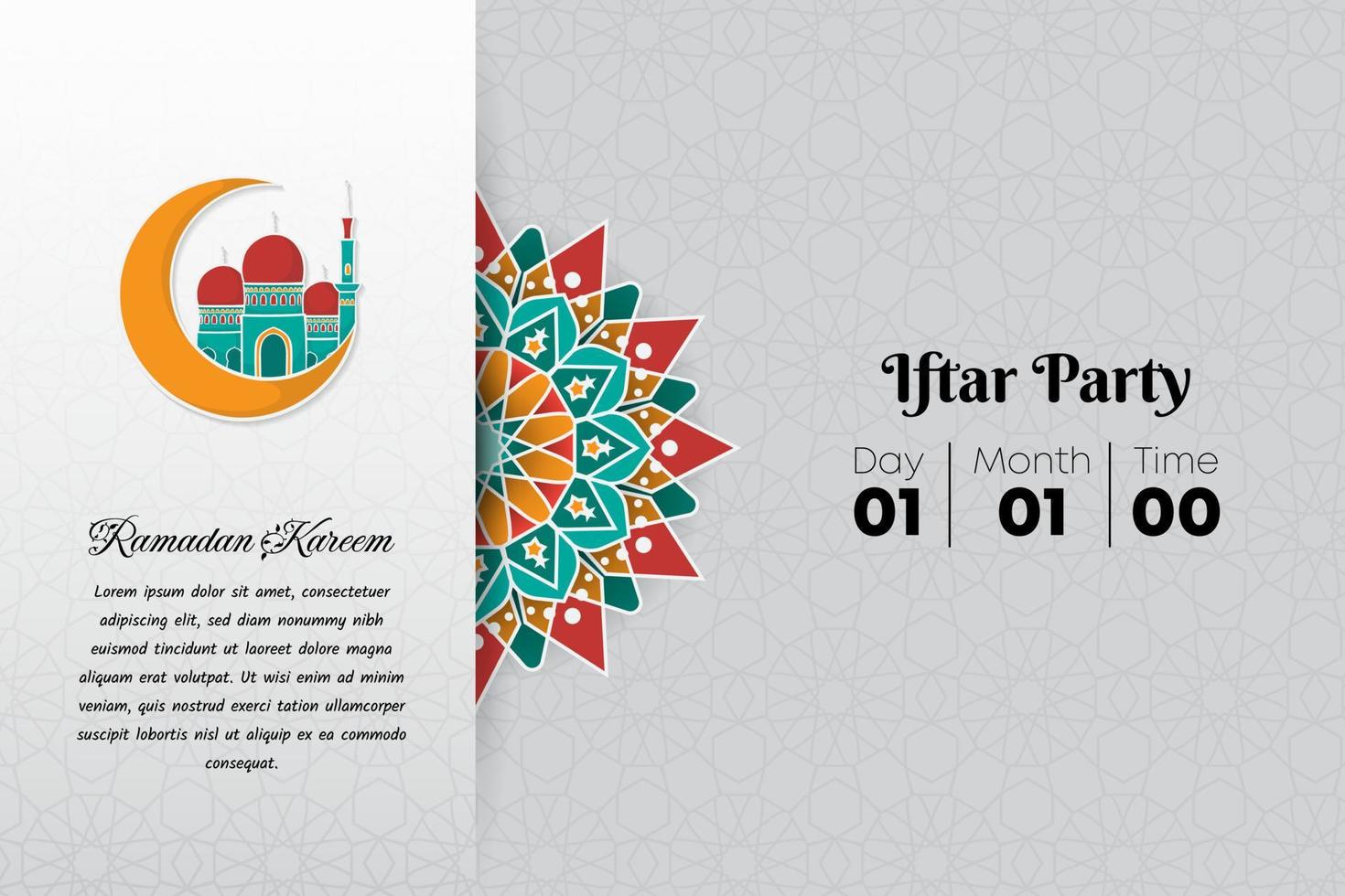 design de fundo branco para festa iftar do mês do ramadã com design de mandala colorida vetor