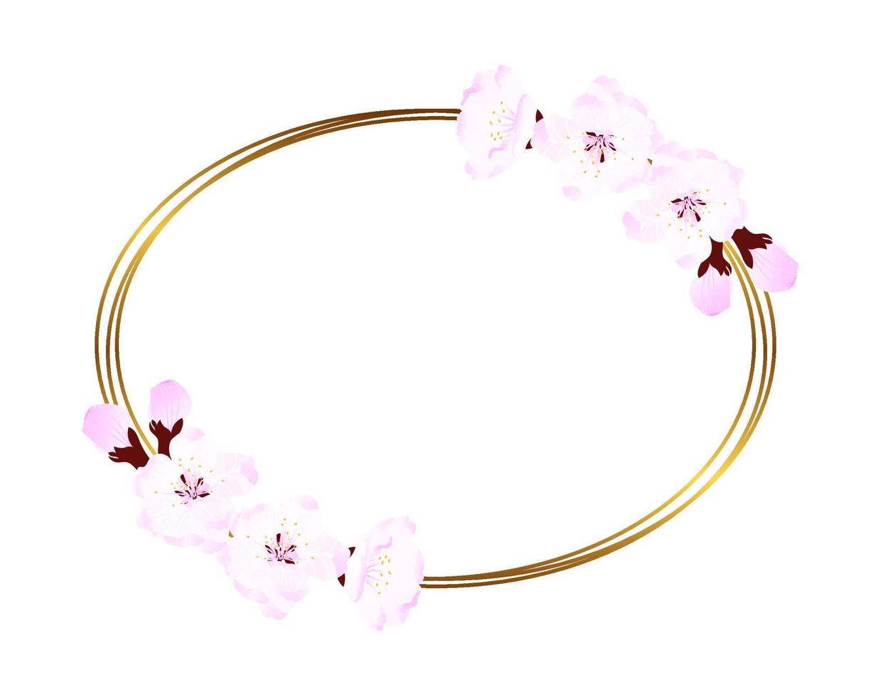 moldura em aquarela com flor de cerejeira rosa suave e oval dourado. para design de casamento, têxteis, cerâmica, convites, saudações, embalagens, scrapbooking vetor