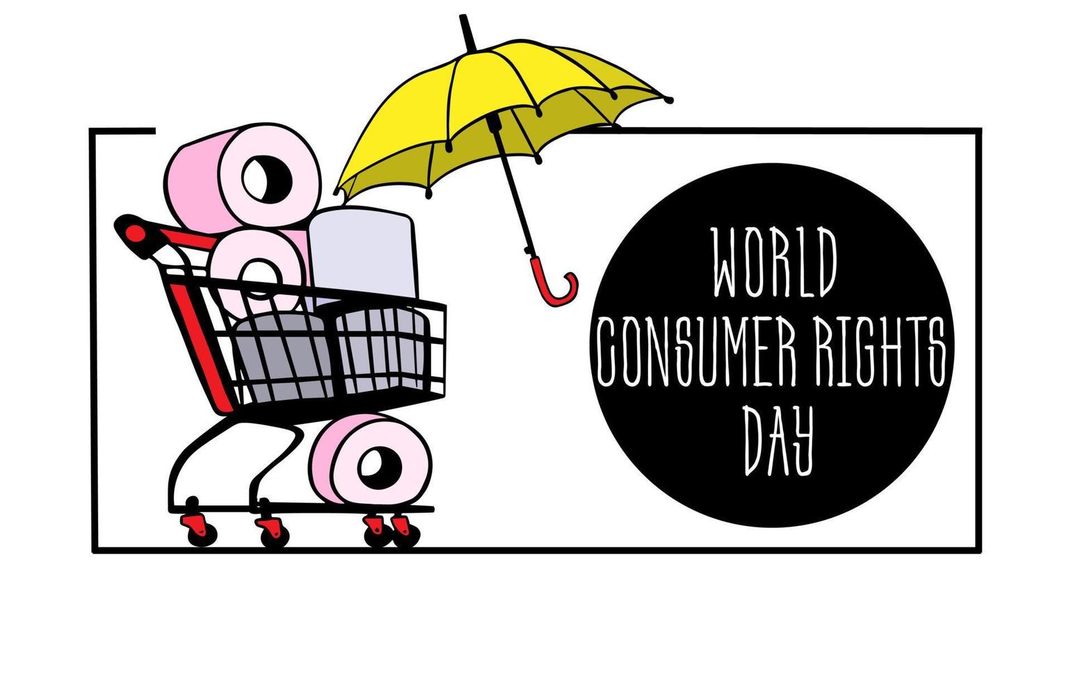 dia mundial de defesa do consumidor. carrinho sobre rodas, cesto de compras com rolos de papel higiênico recheados e amarelo. sacolas de compras e necessidades do consumidor. comprar online. vetor