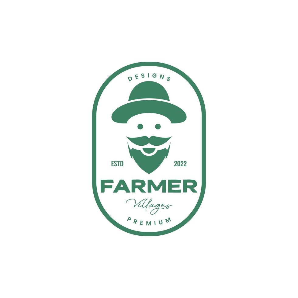 agricultor velho barbudo e bigode chapéu sorriso desenho animado distintivo fofo design de logotipo vintage modelo de ilustração de ícone vetorial vetor