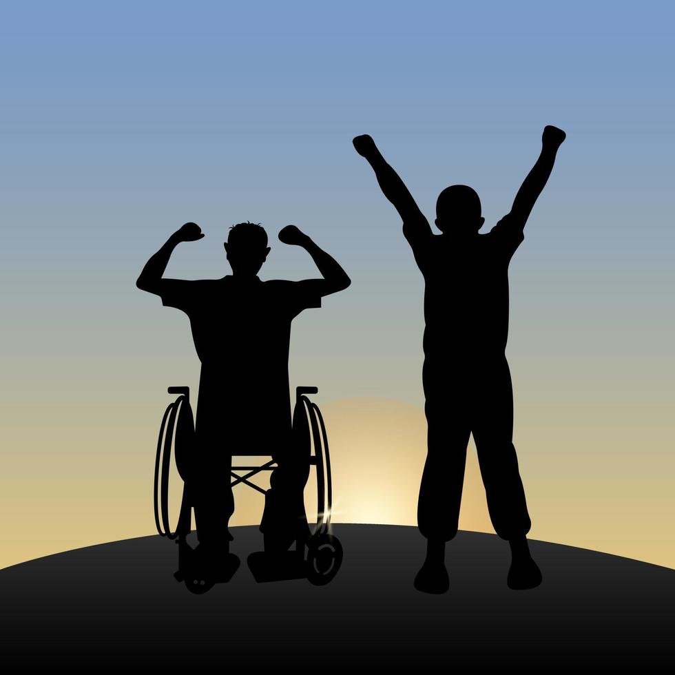 um homem com deficiência em uma cadeira de rodas, com um amigo, regozija-se com o amanhecer, ergueu as mãos. ilustração vetorial vetor